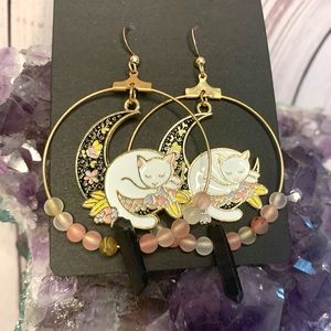Pink and Black Cat Moon Hanging Crystal Gold Hoop Earrings